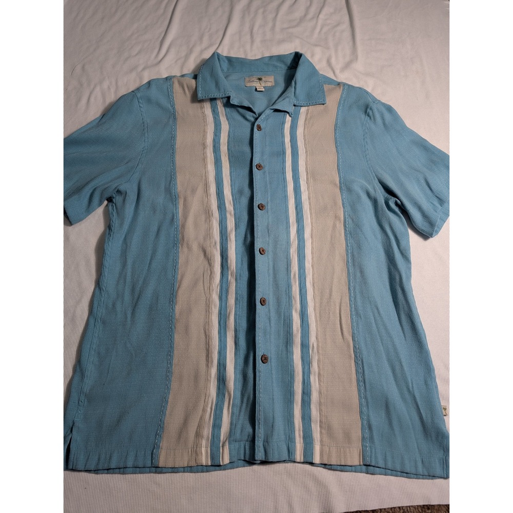 Island Shores Mens XL Blue Tan Vertical Panel Camp Shirt Rayon Blend 661